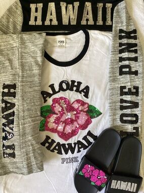 Victoria’s Secret PINK BLING Zip Up Aloha Hawaii Shirt Pants Slide Sandals NWT